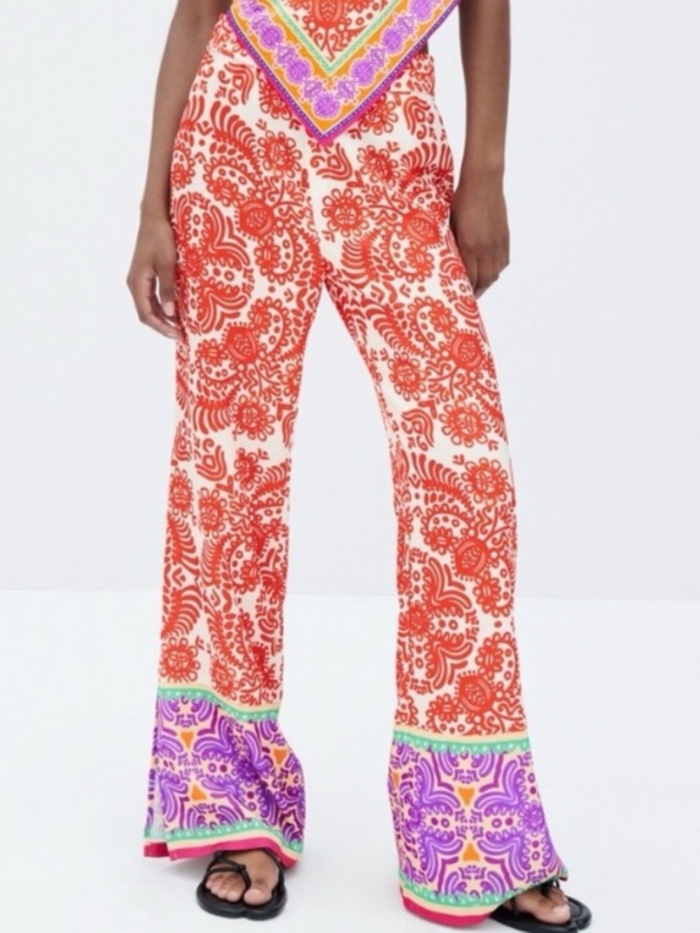 Zara Paisley Pull-On Trousers w/Split Wide Legs in Orange & White, Women’s Large